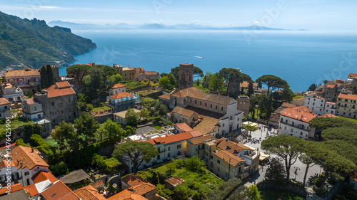 Aerial view of the cathedral of Santa Maria Assunta and San Pantaleone in the main square of Ravello. This church is located in the Amalfi Coast, Campania, Italy. It is a minor basilica and a museum.
