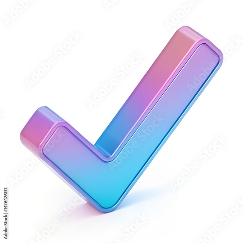 Glossy 3D checkmark icon featuring pastel colors of blue, pink, and purple. The smooth and vibrant design has a modern, abstract, and futuristic appearance. Isolated on white background