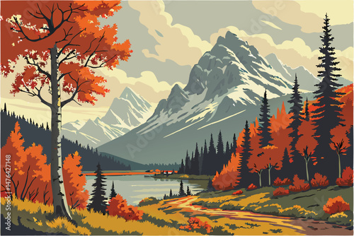 66 beautiful autumn landscape with colorful trees, snow-capped mountains, tranquil lake reflection, dramatic cloudy sky, atmospheric lighting, serene nature, ultra-wide angle composition, hyperrealist