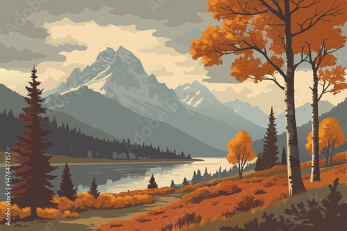 66 beautiful autumn landscape with colorful trees, snow-capped mountains, tranquil lake reflection, dramatic cloudy sky, atmospheric lighting, serene nature, ultra-wide angle composition, hyperrealist
