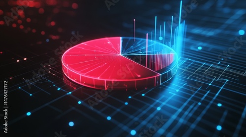 Digital-style D pie chart with glowing edges and a subtle grid beneath