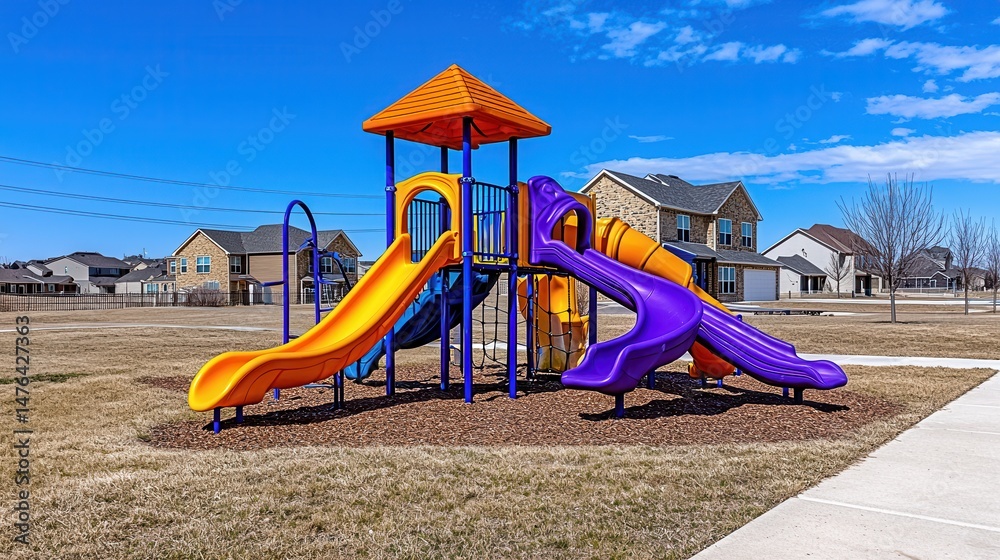 Fototapeta premium Colorful Playground with Slides and Climbing Structures Set Against a Suburban Backdrop Under Clear Sky