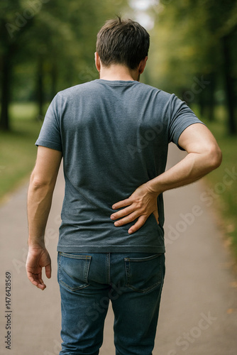 Young man seen from behind walking on park path while holding his lower back in discomfort