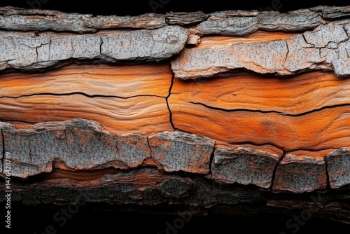 Close up view of ancient tree bark revealing intricate grooves and patterns in striking detail photo