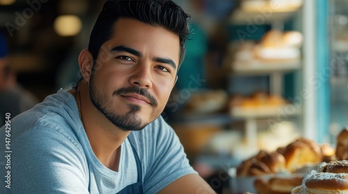 Hispanic Man business owner. Pastry Chef working in Bakery Shop Baked, looking at camera. Startup successful small business owner. Small and Medium Enterprises concept. 