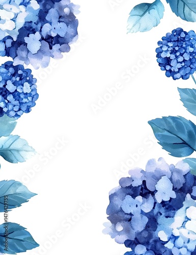 Hydrangea floral border, soft blue tones. Delicate blossoms and leaves frame a white background