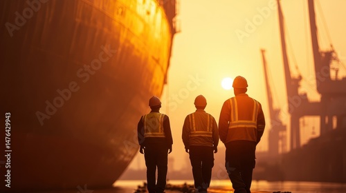 Workers in Safety Gear Walking Towards Sunset at Shipyard with Loading Cranes in Background