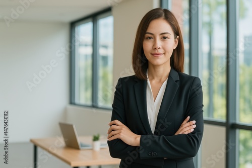 Free Download Confident Asian businesswoman in a modern office setting arms crossed posing for a portrait - GFXLoad