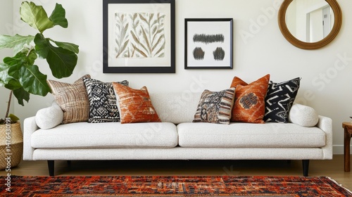 partal sofa with patterned pillows, eclectic framed art, and round mirror beside a leafy plant photo