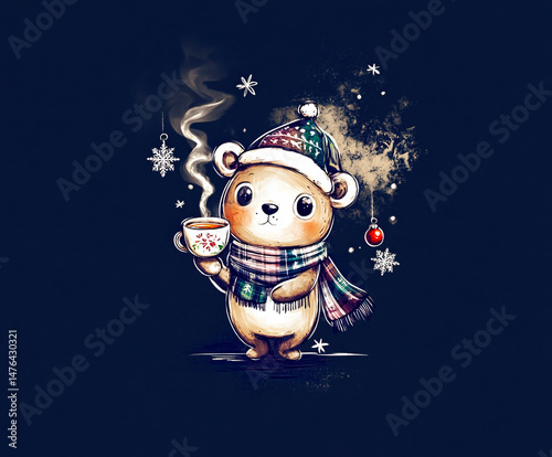 A charming winter illustration of a cute bear wearing a cozy scarf and festive hat, holding a steaming cup of tea against a dark background with snowflakes and ornaments. 