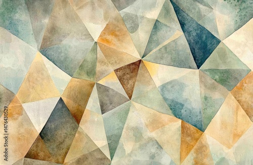 Abstract geometric pattern, composed of overlapping, multi-toned triangles in muted shades of beige, brown, teal, and ochre, creating a textured, painterly effect