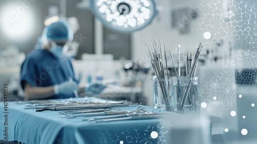 Surgical tools are prepared on a table, with a medical team conducting a procedure in the background.