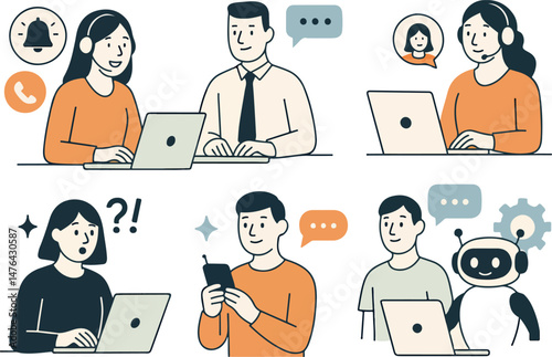 People with devices set. Female and male characters use smartphone, laptop, and making phone call, surfing the internet, browsing in social media. Business doodle concept