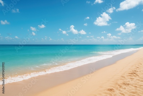 Serene Tropical Beach Scene Azure Ocean Waves Gently Lap Golden Sands Under a Sunny Sky