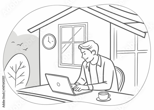 Sketch style doodle of business man working on laptop at home office