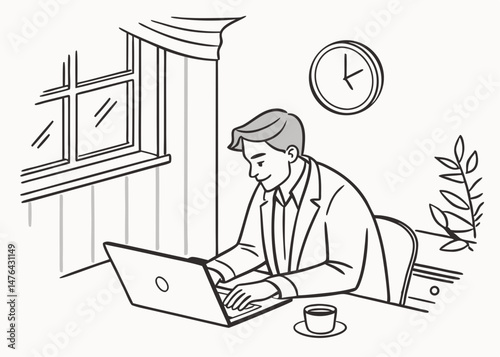 Sketch style doodle of business man working on laptop at home office