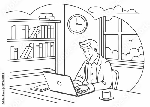 Sketch style doodle of business man working on laptop at home office
