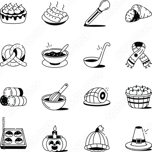Bundle of Thanksgiving Food and Equipment Doodle Icons 
