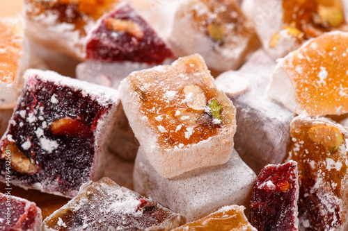 Sweet food Turkish delight, assorted rahat locum in form of cubes with nuts and powdered sugar, traditional food