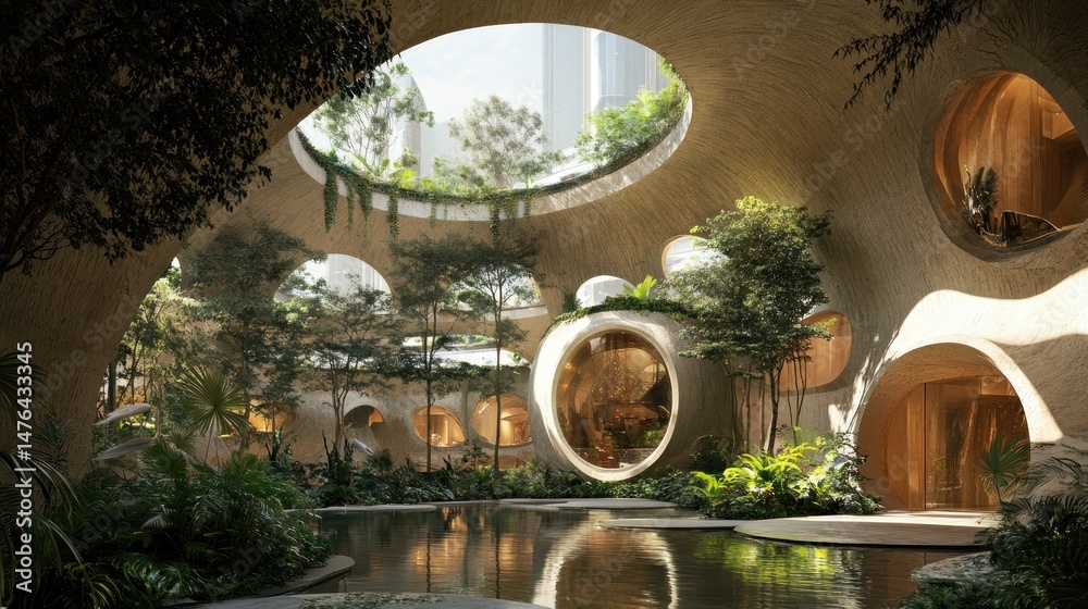 Fototapeta premium Lush, biophilic interior courtyard with a serene pool and abundant greenery