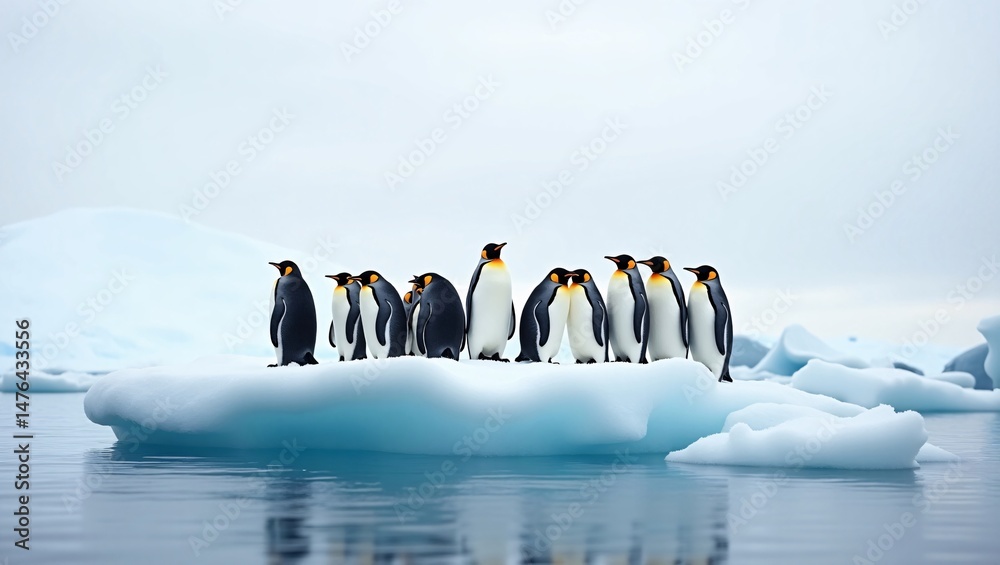 Obraz premium Group of Penguins on Iceberg, A colony of emperor penguins standing on a floating iceberg in Antarctica, overcast sky 