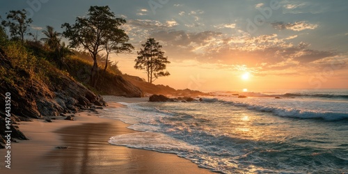 Serene ocean sunset at tropical beach with dramatic sky and glistening waves