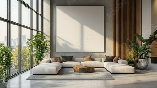 Bright living room with large windows, a white sectional sofa, and indoor plants in a modern home