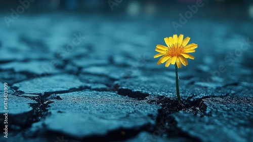 Single yellow flower growing through cracked pavement.