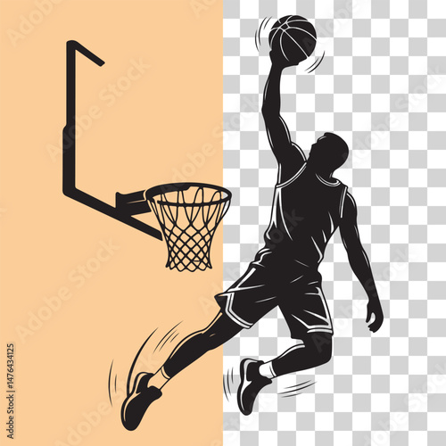 Silhouette of a basketball player dunking the ball into the hoop in dynamic action