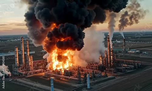 Massive Fireball Erupts at Gas Facility, Thick Smoke Darkens Sky Over Industrial Complex