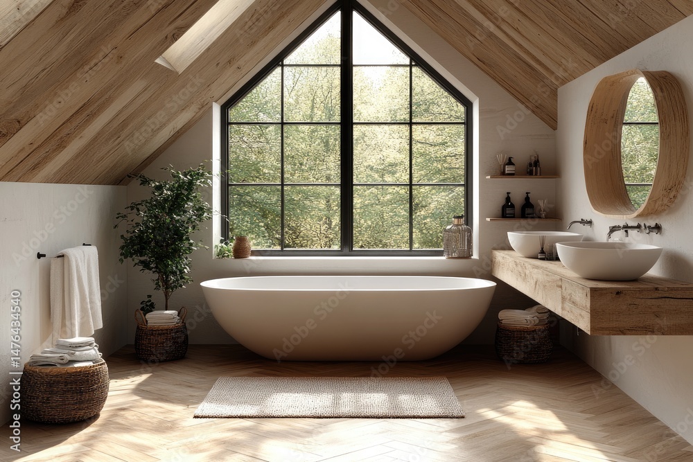 Fototapeta premium A sunlit, modern attic bathroom with a wooden design.