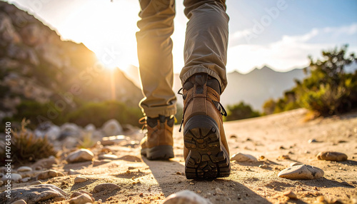 Plano bajo de los pies de un hombre aventurero caminando entre arena y piedras con botas de montaña hacia el horizonte al amanecer