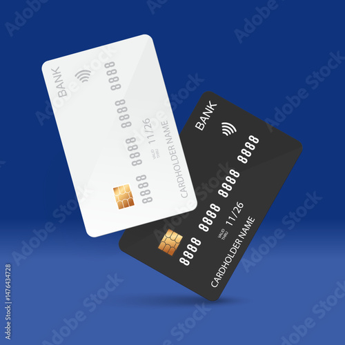 Realistic Credit and Debit Card Mockup Set with EMV Chip and Contactless Icon – Vector Design on Blue Background