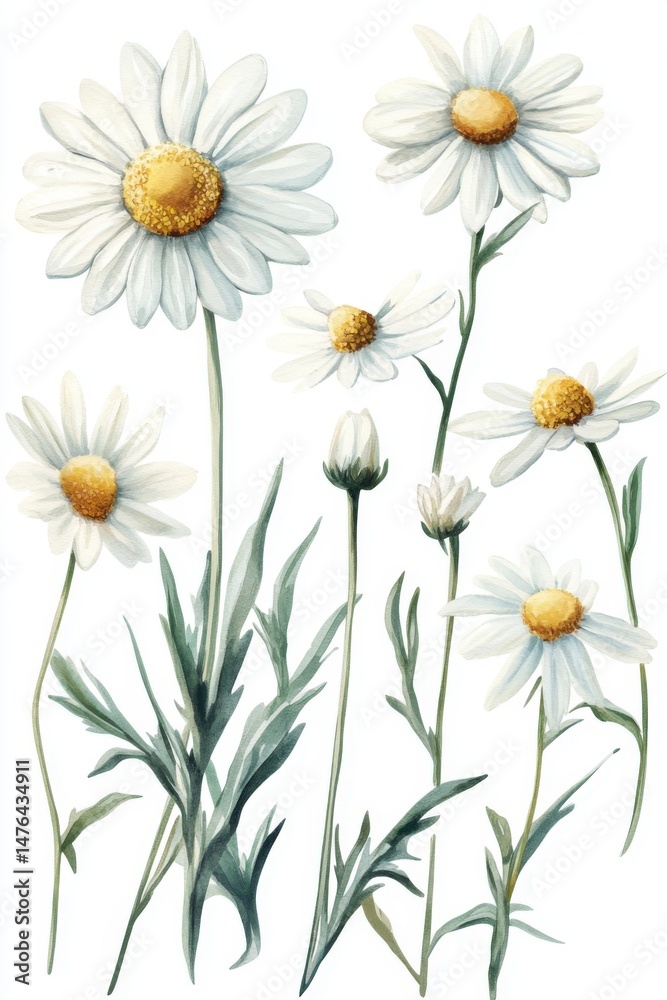 Fototapeta premium Watercolor Daisies on White Background Delicate Floral Illustration Botanical Art Style Close Up Fresh Spring Flowers
