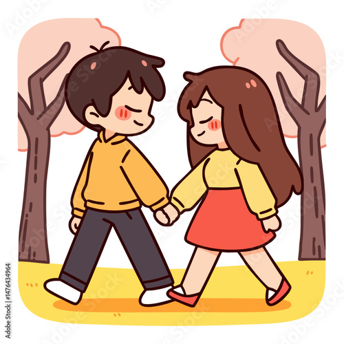 Cute young romantic couple waking outdoors in the park, girlfriend and boyfriend, happy cute friends or family, doodle cartoon character, kawaii isolated clean and simple vector illustration