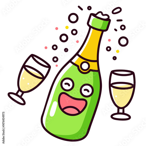 Happy cheerful champagne bottle and glasses, party celebration, doodle cartoon character, kawaii isolated cute clean and simple vector illustration