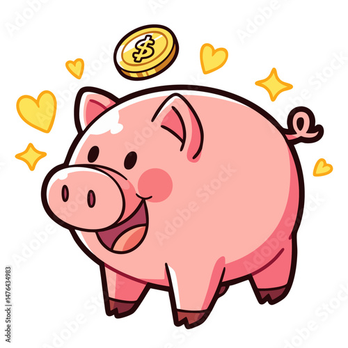 Cute happy pink piggy bank with golden coin and hearts, doodle cartoon character, isolated vector illustration