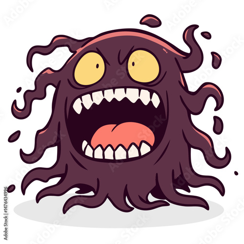 Black liquid amorphous scary slime monster with sharp teeth, virus bacteria or caries, doodle cartoon character, kawaii isolated cute clean and simple vector illustration