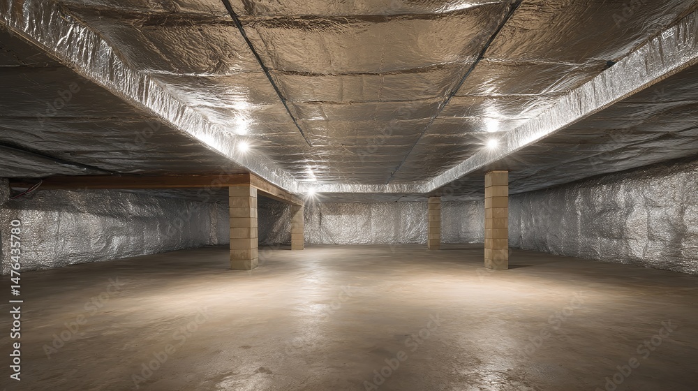 Obraz premium Empty Modern Basement Spacious Room Interior Design Silver Insulation Walls Concrete Floor Underground Storage Building Architecture House New 