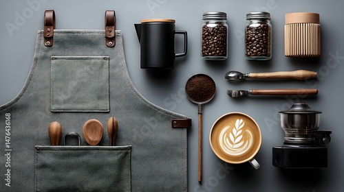 A stylish flat lay showcasing barista tools including apron coffee beans grinder latte art and server equipment.