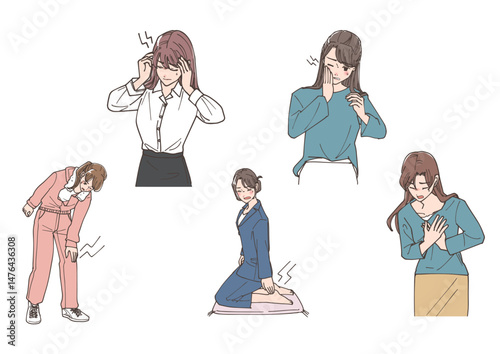 頭痛など体の痛みを感じている女性たちのイラストセット