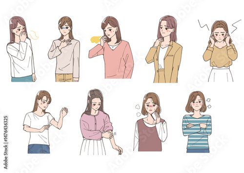 体の不調や不安を持っている女性たちのイラストセット
