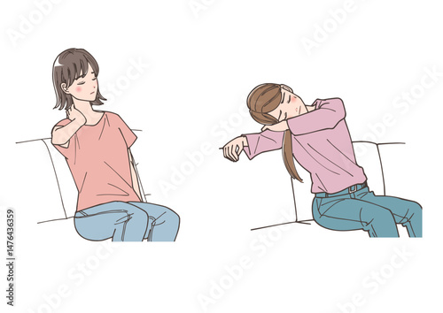 体の不調や疲労を感じている女性のイラストセット
