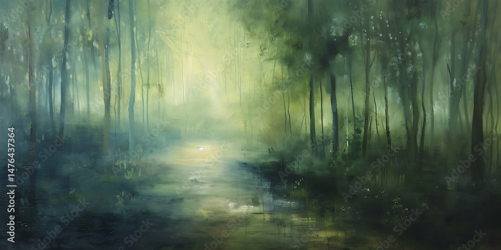 Fototapeta premium Serene Misty Forest Landscape with Gentle Stream Reflecting Soft Light