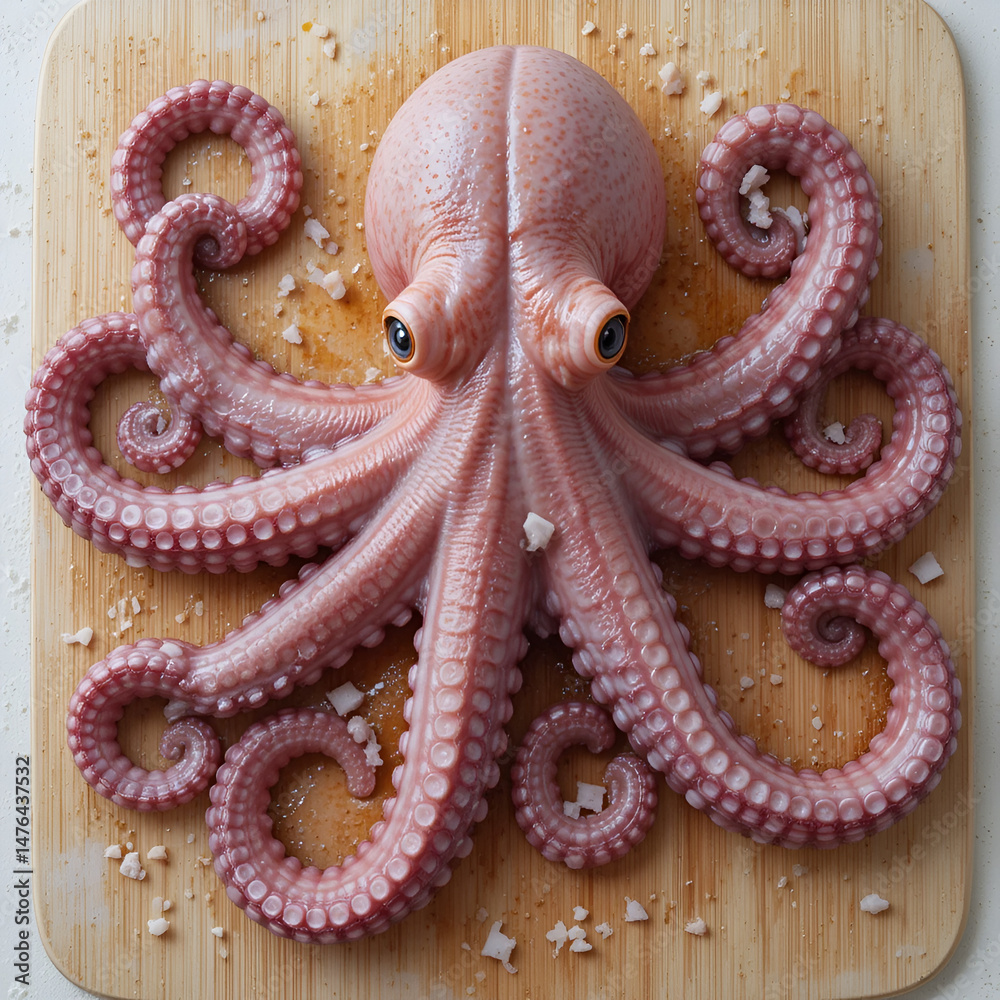 Fototapeta premium Fresh Octopus on a Cutting Board Ready for Cooking