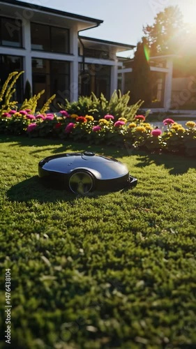 Autonomous robotic mower navigates sunlit garden for efficient lawn care
