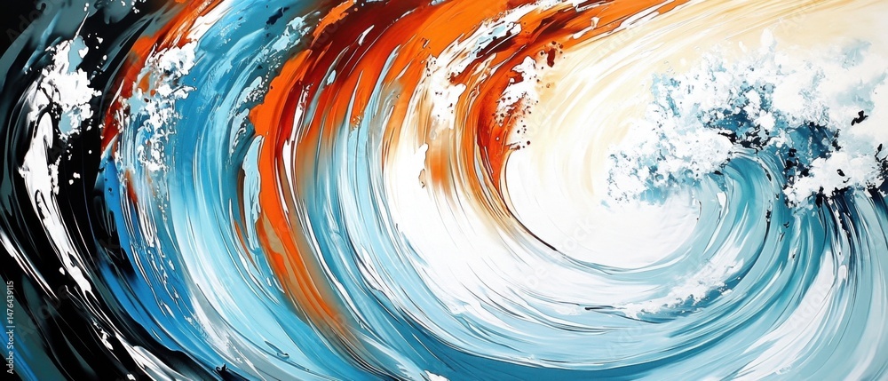 Fototapeta premium Abstract Wave Painting in Blue Orange and White Dynamic Brushstrokes Artistic Expression Ocean Art Modern Wall Decor