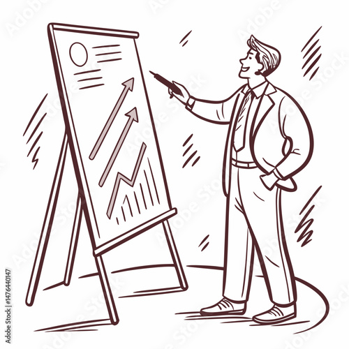 Sketch style doodle of businessman showing corporate growth on flipchart