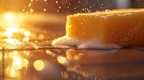 Detailed close up of scrubbing the base of a bathroom wall near the floor, with a hand-held sponge in action, the tiles shining as the grime is wiped away and water droplets on the floor