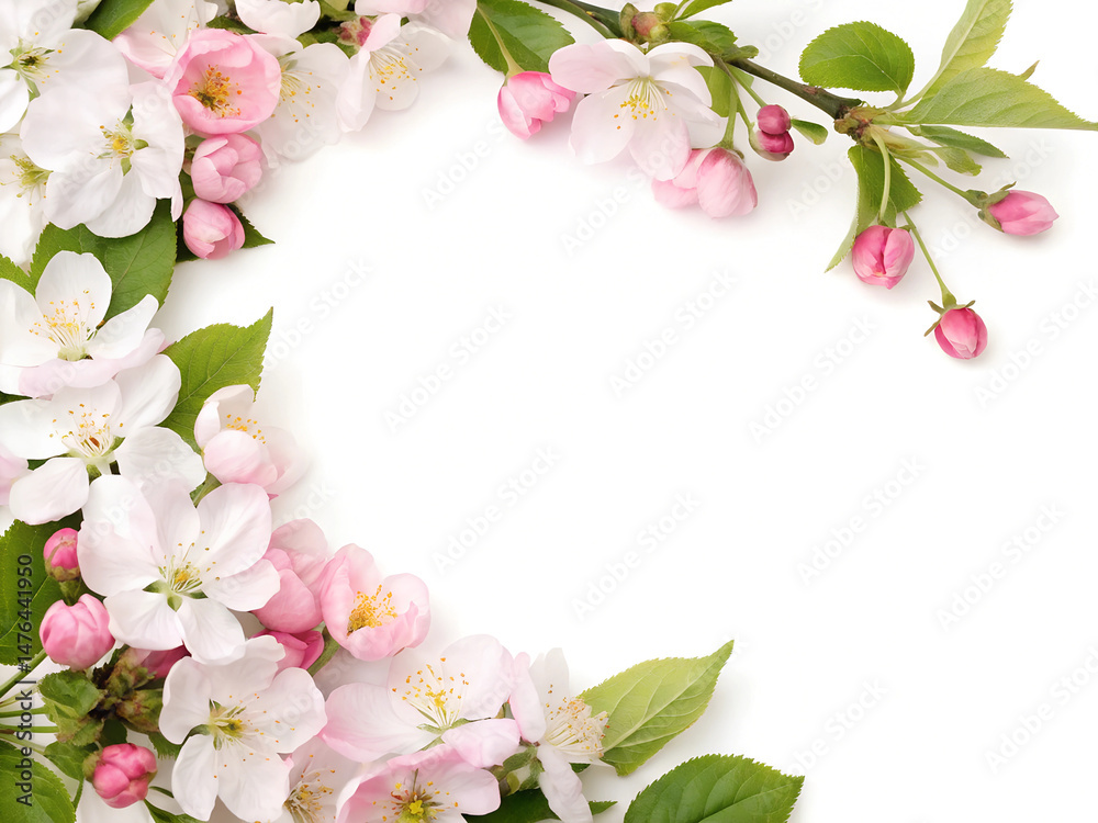 Obraz premium A white background with a pink and green flowery border. The flowers are pink and green and are arranged in a way that creates a sense of movement and flow. Scene is one of beauty and tranquility